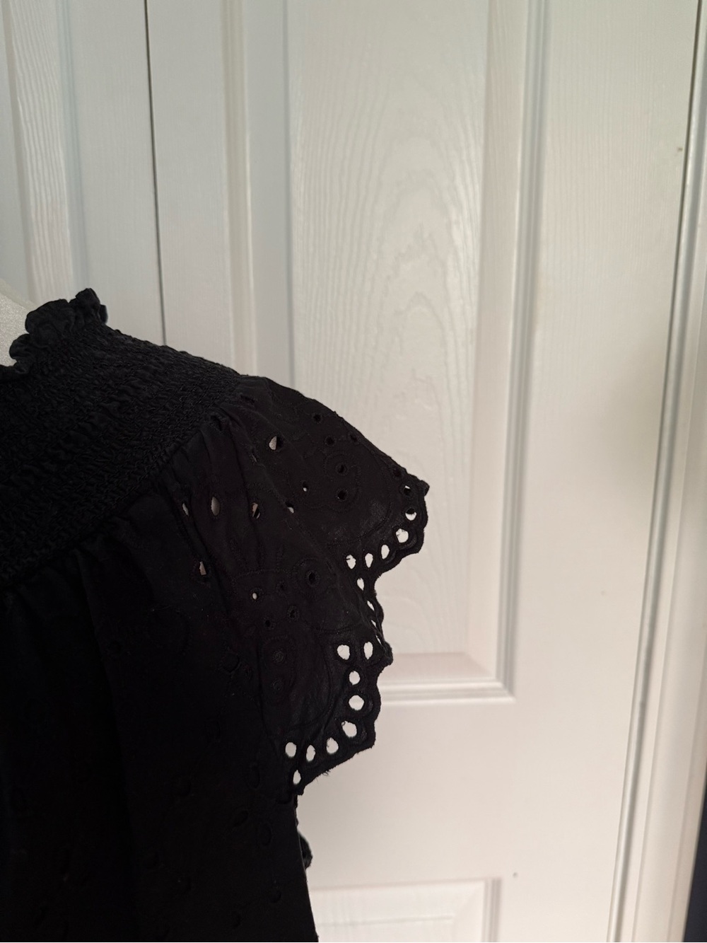 LOFT Black Eyelet Smocked Ruffle Neck Blouse - Picture 3 of 4